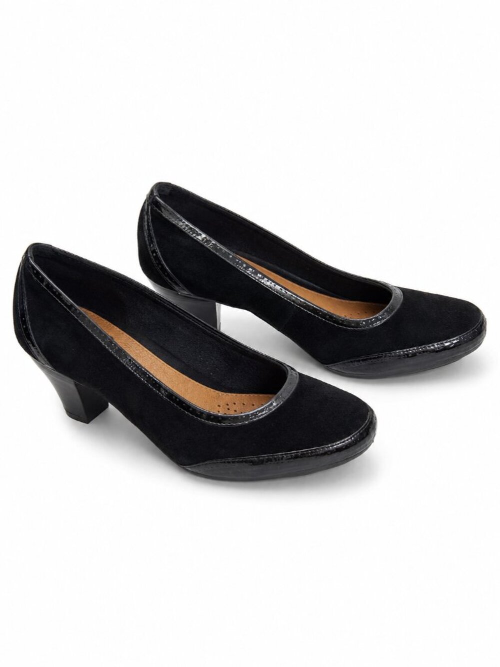 Clarks Artisan Black Suede Patent Trim Block Heel Pumps Size 10M Minimalist Chic